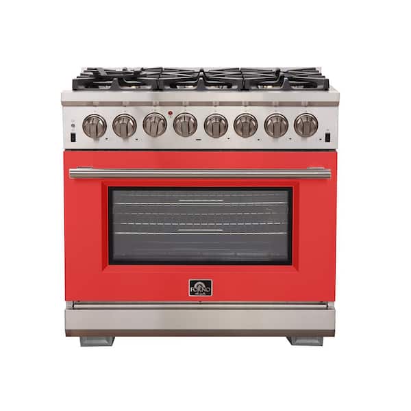 Forno Capriasca 36 in. 5.36 cu. ft. Gas Range with 6 Burners and Electric 240-Volt Oven in. Stainless Steel with Red Door