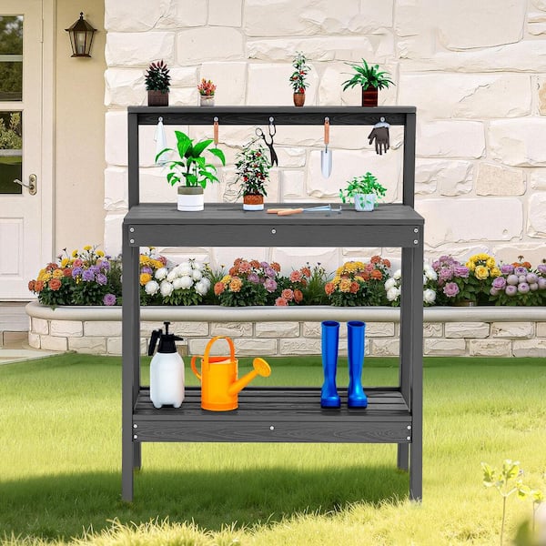 45.5 in. H x 34.8 in. W x 17.7 in. D Gray HDPE Potting Bench Table, Multi-Purpose Plant and Storage Shelf