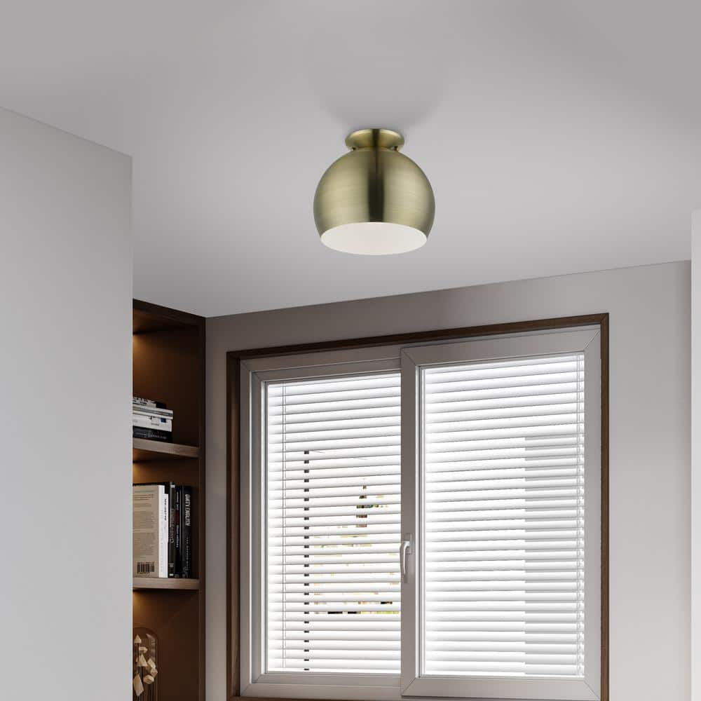 Elegant Antique Brass 1-Light Flush Mount with White Interior