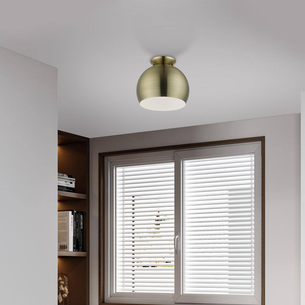 Elegant Antique Brass 1-Light Flush Mount with White Interior
