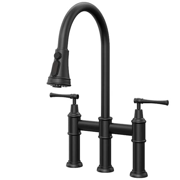 HOMLUX 2-Handle Pull Down Spray Head Bridge Kitchen Faucet in Matte ...