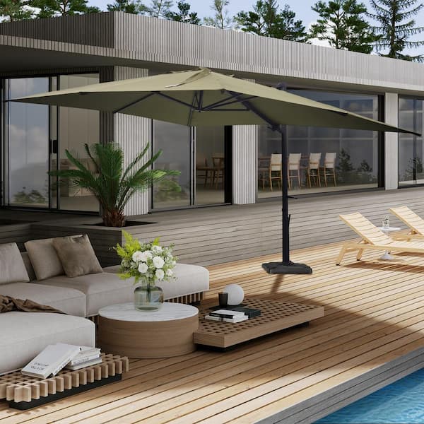 Boyel Living 10 ft. 360 ° Rotation Outdoor Patio Cantilever Umbrella Square with Base in Taupe