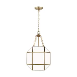 Morrison 13.5 in. Small 3-Light Satin Brass Octagonal Panel Hanging Pendant Light with A Smooth White Glass Shade