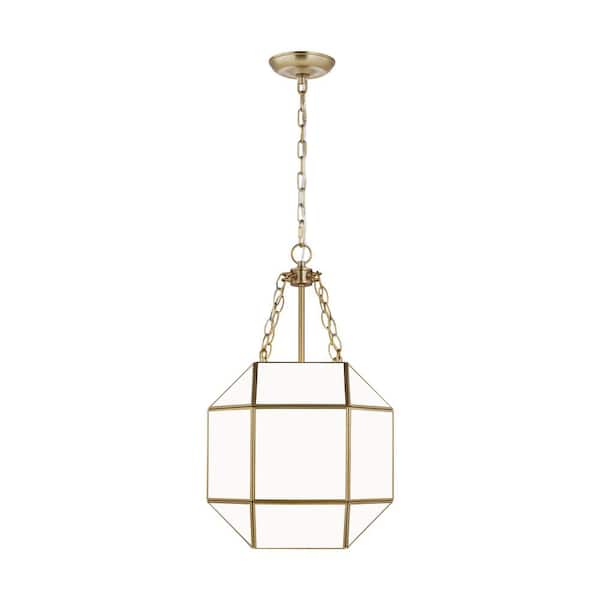 Generation Lighting Morrison 13.5 in. Small 3-Light Satin Brass Octagonal Panel Hanging Pendant Light with A Smooth White Glass Shade