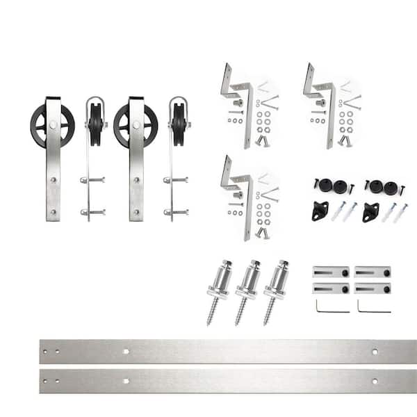 HOMACER 4 ft./48 in. Brushed Nickel Double Track Bypass Z-Shape Sliding Barn Door Hardware Kit - Spoke Wheel Design Roller
