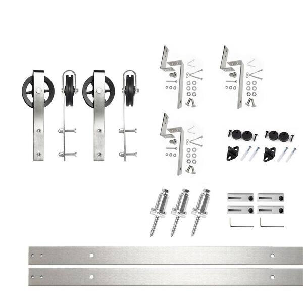 HOMACER 4.5 ft./54 in. Brushed Nickel Double Track Bypass Z-Shape Sliding Barn Door Hardware Kit - Spoke Wheel Design Roller