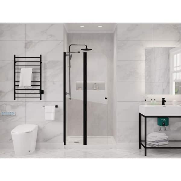 Romance Series 33.3 in. x 72 in. H Hinged Frameless Shower Door in Matte Black with Tsunami Guard Tempered Glass