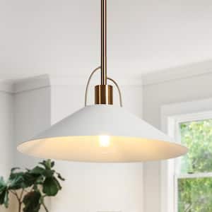 Modern Coastal Pendant Light 1-Light Matte White Island Hanging Ceiling Light with Geometric Bell Shade and Brass Accent