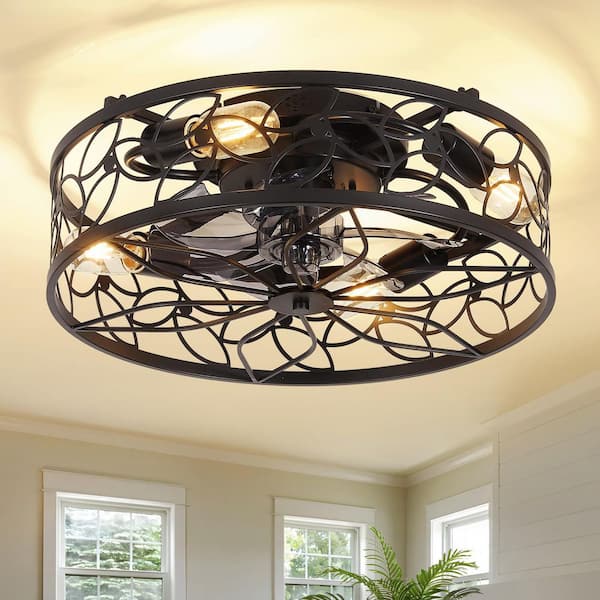 18.1 in. Black Vintage Caged Flush Mount Ceiling Fan with Light and Remote Reversible Fan Blades
