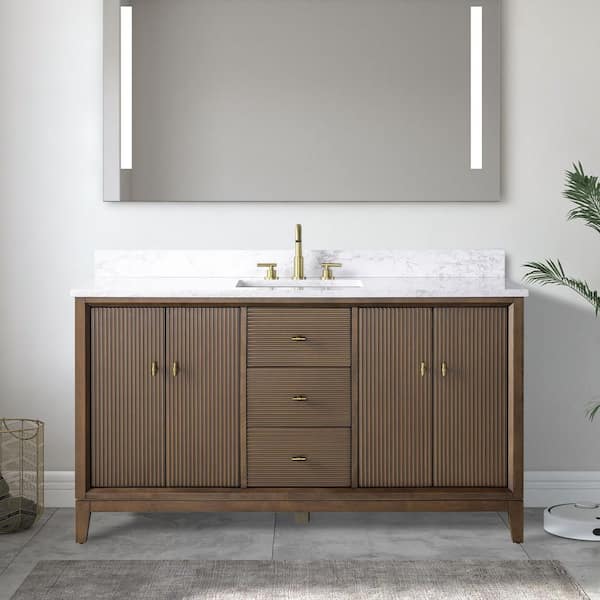 60 in. W x 34 in. H Single Sink Walnut Bath Vanity Cabinet with Arabescato White Engineered Marble Top