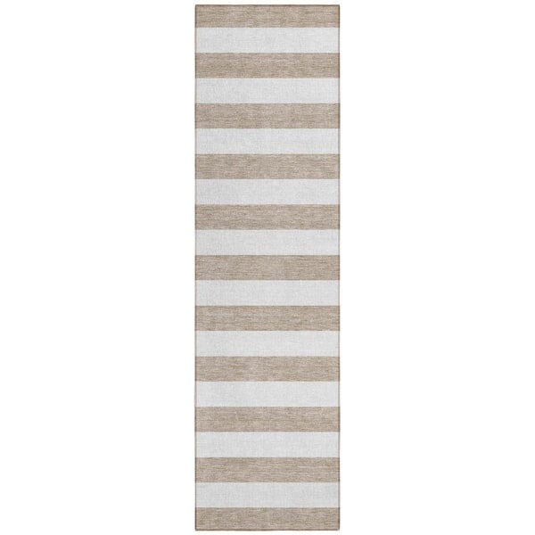 Taupe, White 2 ft. x 8 ft. Woven Striped Polyester Runner Indoor / Outdoor Area Rug