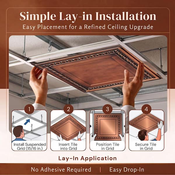 Cambridge Aged Copper 2 ft. x 2 ft. PVC Glue Up or Lay In Faux Tin Ceiling Tile(40 sq. ft./case)