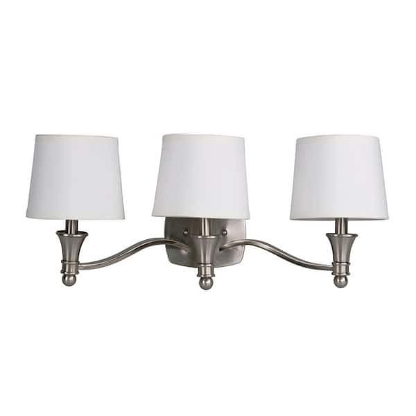 Towne 3-Light Brushed Nickel Vanity Light with White Fabric Shades by Hampton Ba 