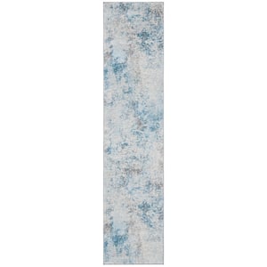 Tulum Ivory/Blue 2 ft. x 11 ft. Rustic Distressed Runner Rug