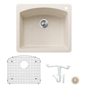 Diamond 25 in. Drop-in/Undermount Single Bowl Soft White Granite Composite Kitchen Sink Kit with Accessories