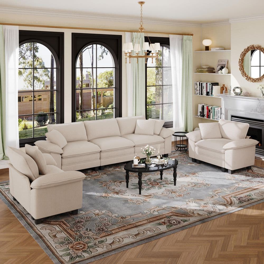 123.6 in. Flared Arm 5-Seat Corduroy Fabric Modular Sectional Sofa in. Beige with Throw Pillows for Living Room