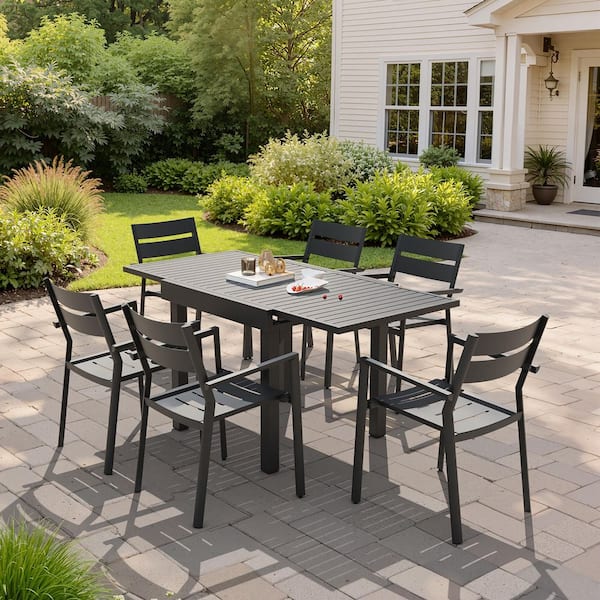 7-Piece Outdoor Dining Set with All Aluminum 41.34in. - 82.7 in. Extendable Table and 6-Stackable Armchair in Black