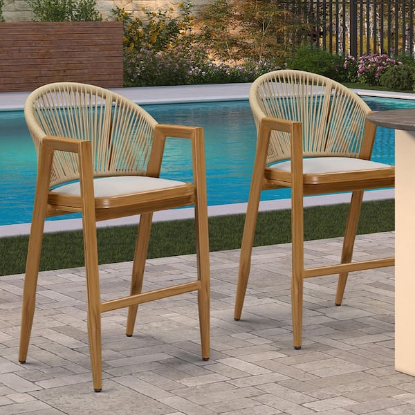 Modern Wicker Rattan Bar Height Outdoor Bar Stools for Patio Kitchen Island with Teak Cushion (2 pack)