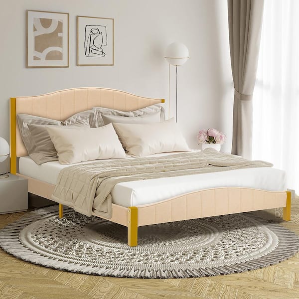 Gold Metal Frame Upholstered Queen Size Platform Bed Frame Mattress Foundation with Platform Quilted Headboard