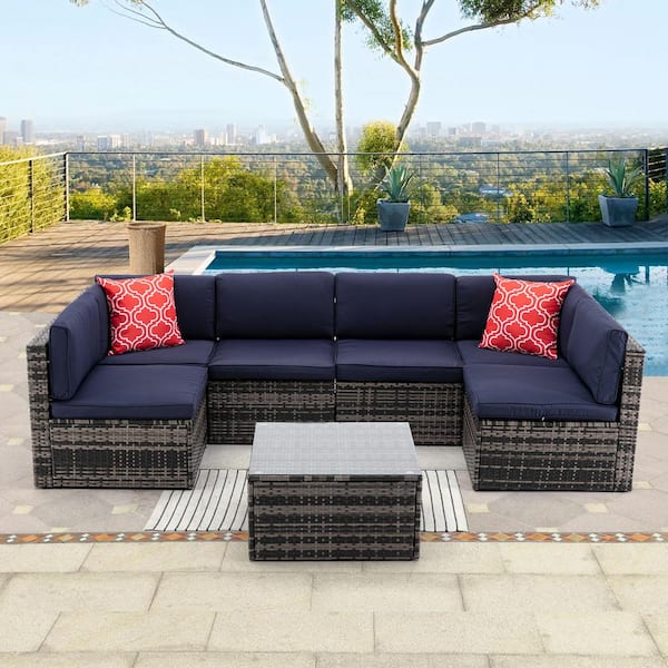 Tunearary 7-Pieces PE Rattan Wicker Outdoor Garden Sectional Cushioned Sofa Sets with 2 Pillows and Coffee Table Navy Blue Cushion