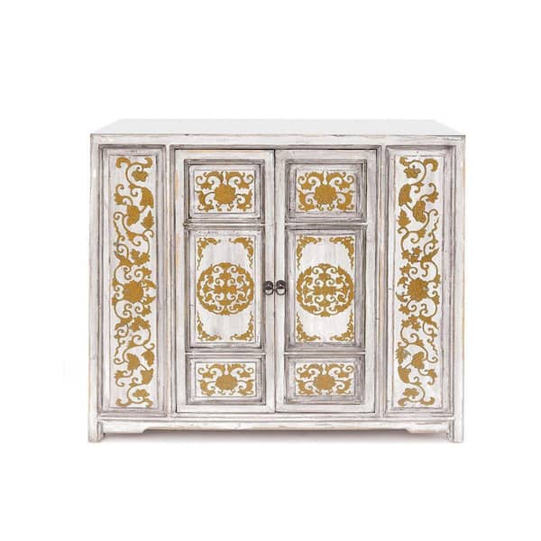 Benjara White and Gold Wood Top 43 in. Sideboard with 2 Doors