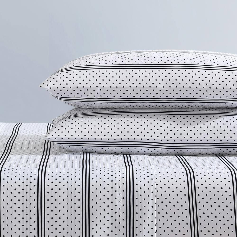Queen Black and White Dots and Stripes Microfiber Sheet Set
