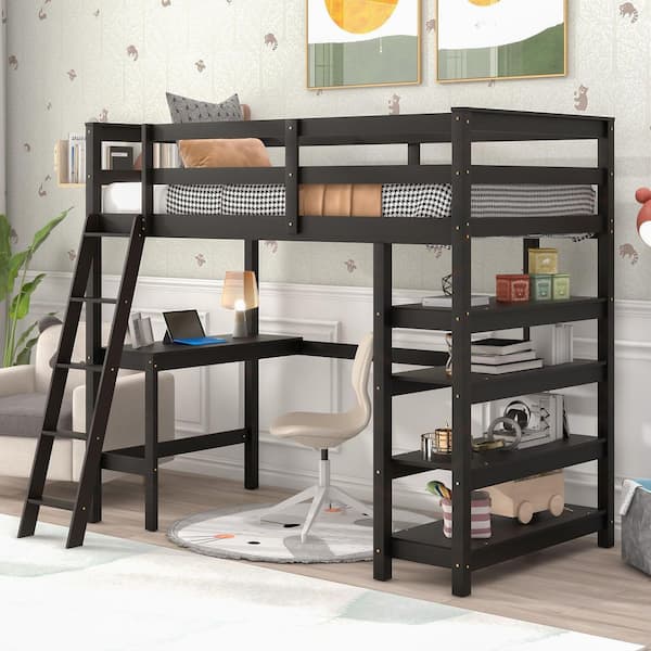 GODEER Espresso Twin Loft Bed with Desk Ladder Shelves W504S00057LXL ...
