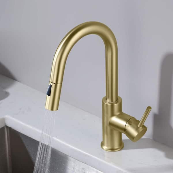 13.44 in. H 1.8 GPM Pull Down Sprayer Kitchen Faucet with 360° Spout Swivel, Soap Dispenser in Brushed Gold