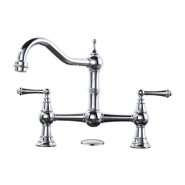 AVITAS Vintage Double Handle High Arc 2-3 Hole Brass Bridge Kitchen Faucet with Sink Hole Cover in Polished Chrome