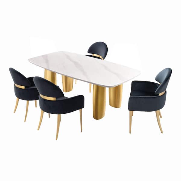Varand 5-Piece Rectangle White/Matte Gold Sintered Stone Top Dining Room Set with Modular Legs (Seats 4)