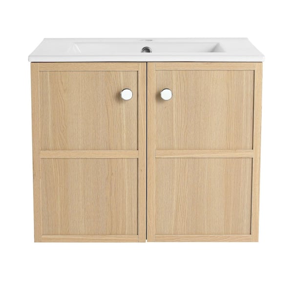 24 in. W x 18.31 in. D x 19.69 in. H Wall Mounted Bath Vanity in Light Oak with White Ceramic Vanity Top