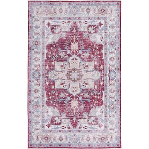 Tuscon Burgundy/Beige Doormat 3 ft. x 5 ft. Machine Washable Floral Medallion Area Rug