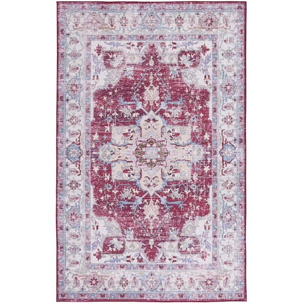 Tuscon Burgundy/Beige Doormat 3 ft. x 5 ft. Machine Washable Floral Medallion Area Rug
