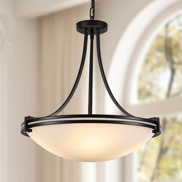 4-Light 20.5 in. 40-Watt Modern Matte Black Bowl Frosted Glass Pendant Empire Chandelier for Bedroom Living Room Foyer