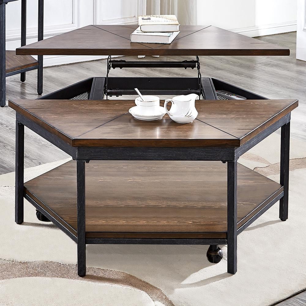 Hexagonal Medium Wood and Iron Lift-Top Coffee Table
