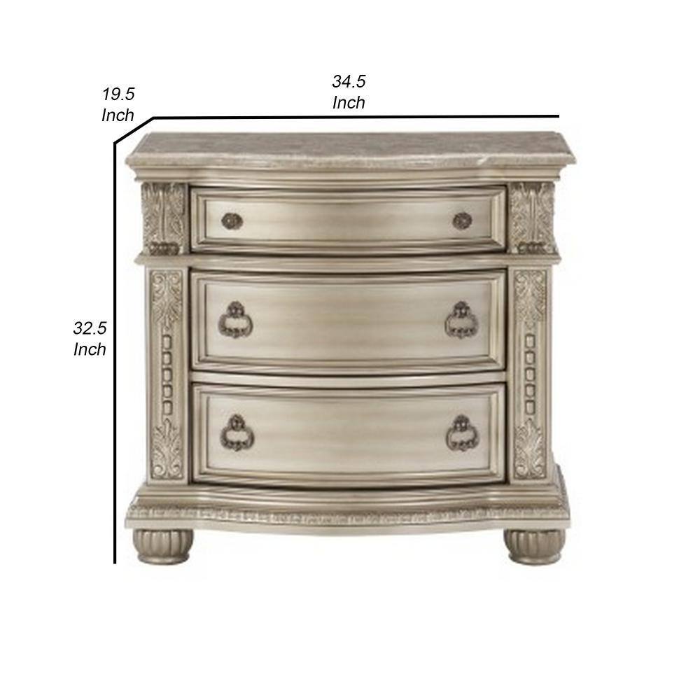 Caitlin Silver 35 Inch 3 Drawer Nightstand with Marble Top