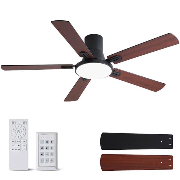 Thalion 52-in. Indoor/Outdoor Integrated LED Matte Black Ceiling Fan with Remote Control and Flush Mount for Bedroom