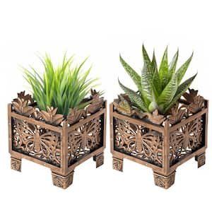 Set of 2-Outdoor Living Butterfly Square Plant Stands, Decorative Flower Planting Pots, Antique Bronze Finish