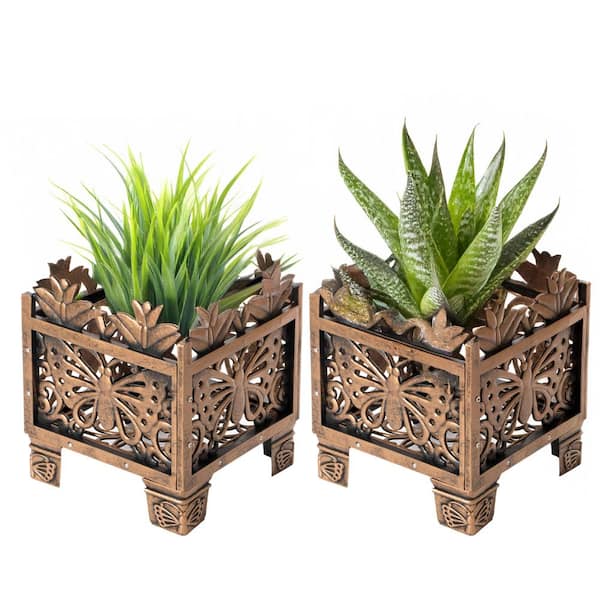 Set of 2-Outdoor Living Butterfly Square Plant Stands, Decorative Flower Planting Pots, Antique Bronze Finish