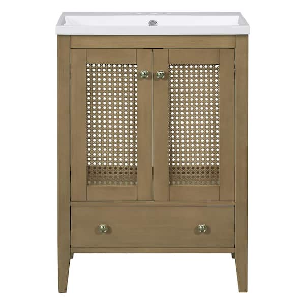 24 in. W x 18 in. D x 33.98 in. H Bathroom Vanity with Single Sink and White Ceramic Top, 2-Doors and Drawer, Natural