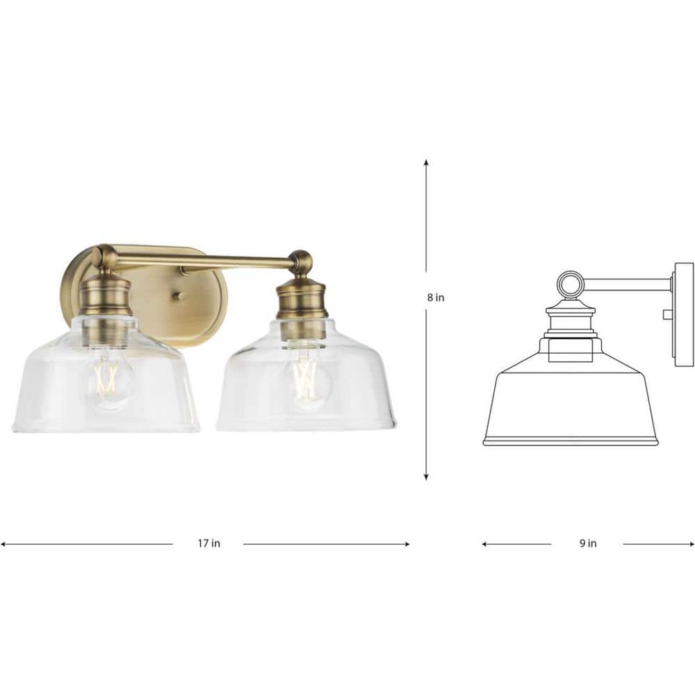 Vintage Brass Industrial 2-Light Vanity Fixture with Clear Glass Shades
