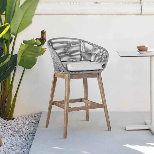 Armen Living Tutti Frutti Counter Height Aged Teak Finish Eucalyptus Outdoor Bar Stool with Gray Cushion