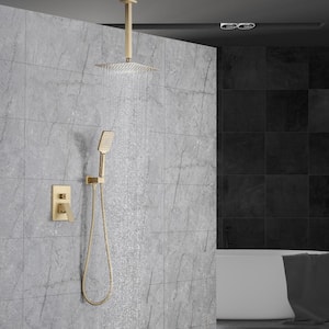 10 in. Ceiling Mounted Single-Handle 1-Spray Square High Pressure Shower Faucet in Brushed Gold (Valve Included)