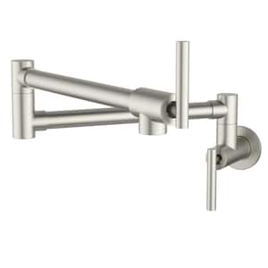 Modern Wall Mount Pot Filler Kitchen Faucet with Double Handle in Brushed Nickel
