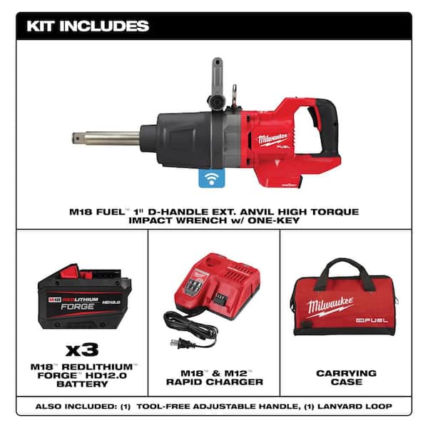 M18 FUEL 18V Lith-Ion Brushless Cordless 1 in. Impact Wrench Extended Reach D-H&le Kit w/Three 12.0 Ah Batteries