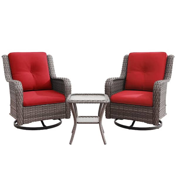 3-Piece Wicker Outdoor Rocking Chair Patio Swivel Chair Set with Red Cushions and Table