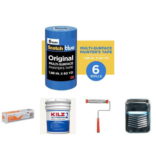 KILZ 2 5 gal. Primer, 9 in. Roller Frame, Tray, Plastic Sheeting and ScotchBlue 1.88 in. Painter's Tape (6-Pack)
