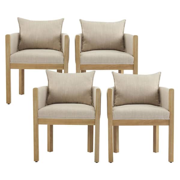 Cambridge Modern Linen Upholstered Dining Arm Chairs with Pillow Back, Solid Wood Legs, Beige + Natural, Set of 4