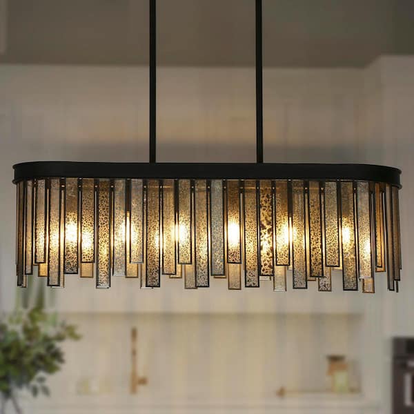 Hemaaolay 6-Light Black Island Chandelier with Plated Mercury Glass/Art Glass Strips Modern Kitchen Dining Pendant light