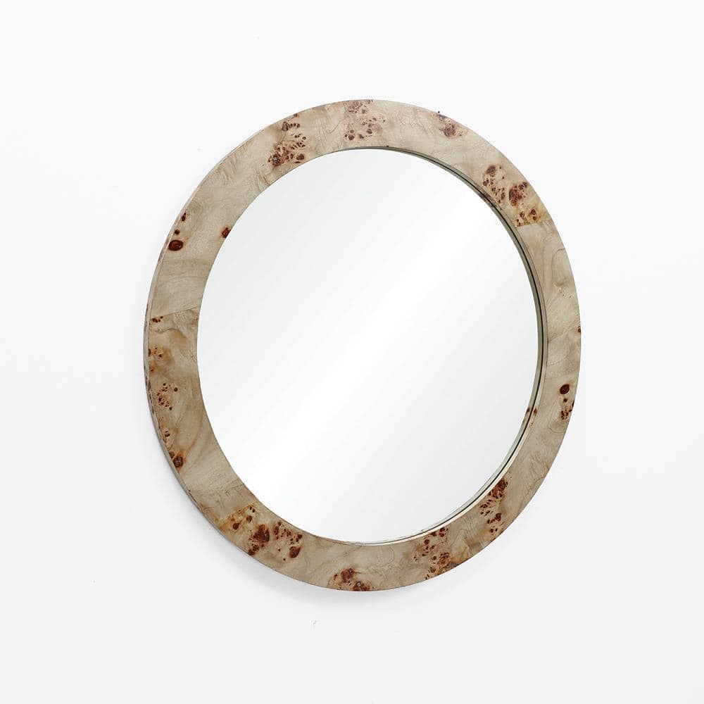 31.5-Inch Round Burlywood Veneer Accent Wall Mirror